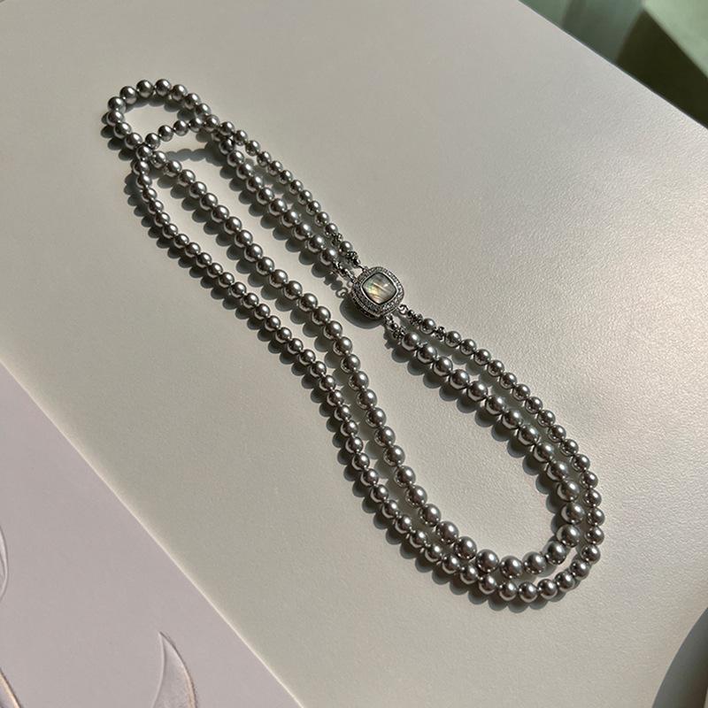 Zircon double-layer pearl square necklace light luxury niche versatile collarbone chain fashionable and elegant high-end necklace