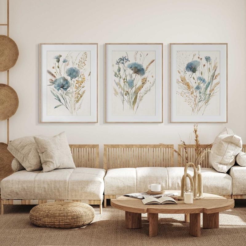 Vintage Blue Beige Wild Flowers Minimal Botanical Farmhouse Art Poster Canvas Painting Wall Print Picture Living Room Home Decor