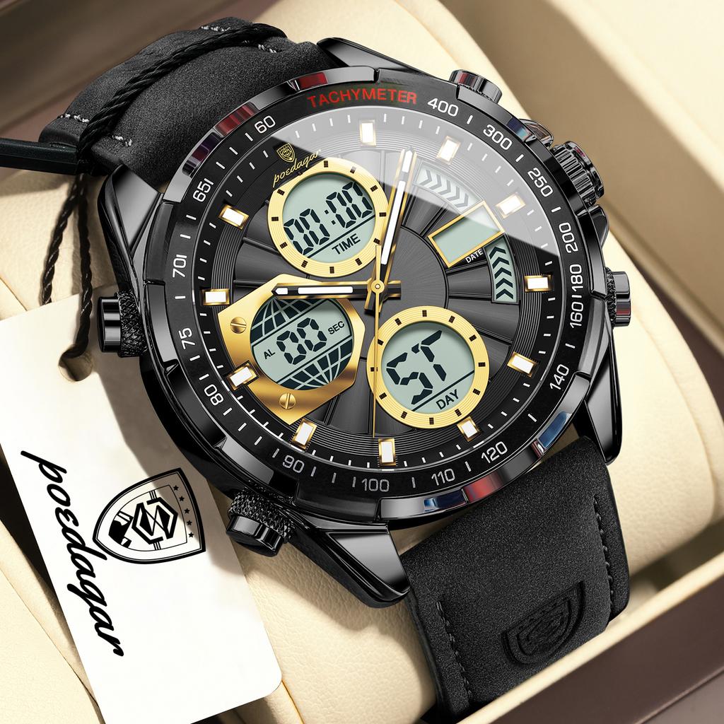 POEDAGAR Men Wristwatch Week Date Digital LED Quartz Fashion Clock Alarm Dual Time Display Electronic Luminous Watches