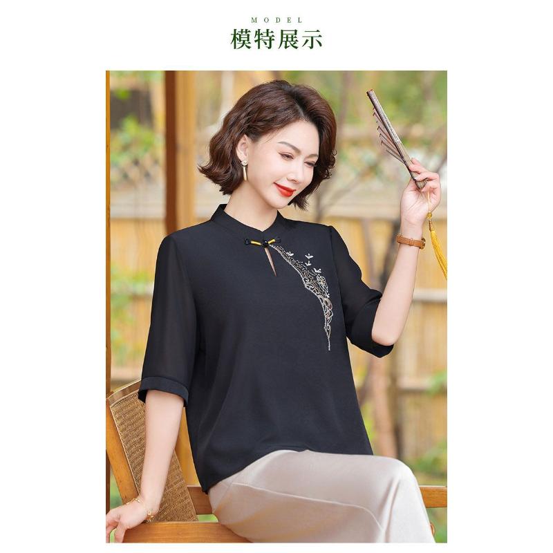 Chinesischer Stil Mandarin-Kragen Bluse Damen Bestickt Halbarm Chiffon Elegantes Oberteil