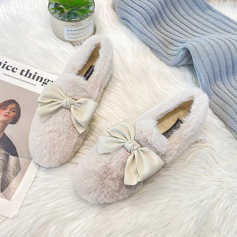 Fashion 2025 Big Size 35-43 Women Mink Hair Shoes Fur Flats Winter Lace Butterfly-Knot Loafers Femme Plush Cotton Mocasines Fluffy Boots