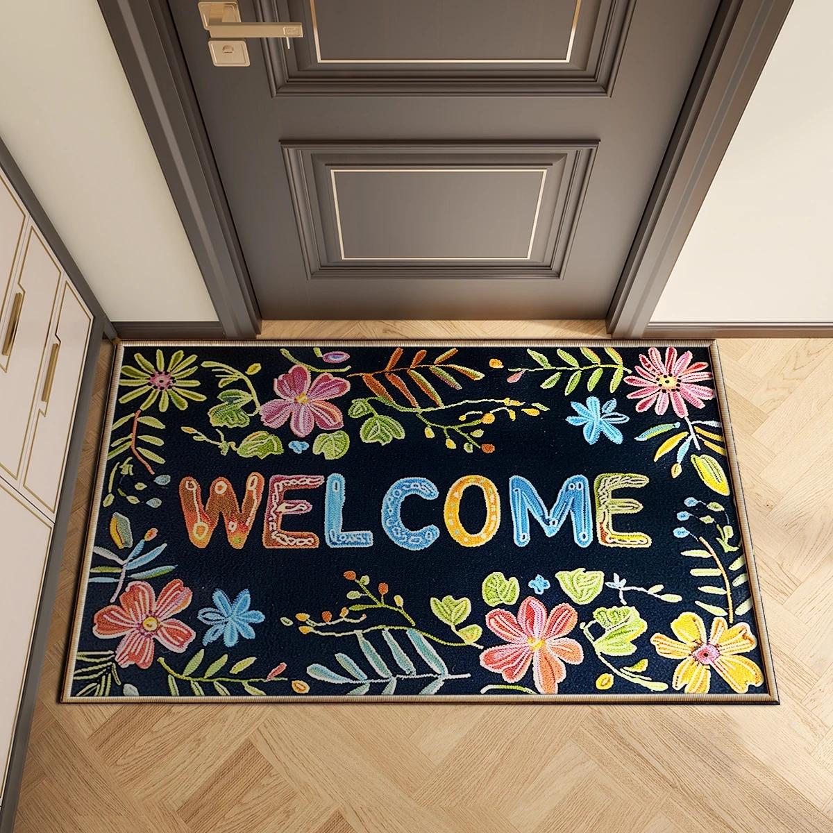 

Floral Welcome Entrance Doormat Washable Outdoor Indoor Carpet Rug for Home Decoration Floor Mat for Front Door Hallway Bathroom 50x80cm