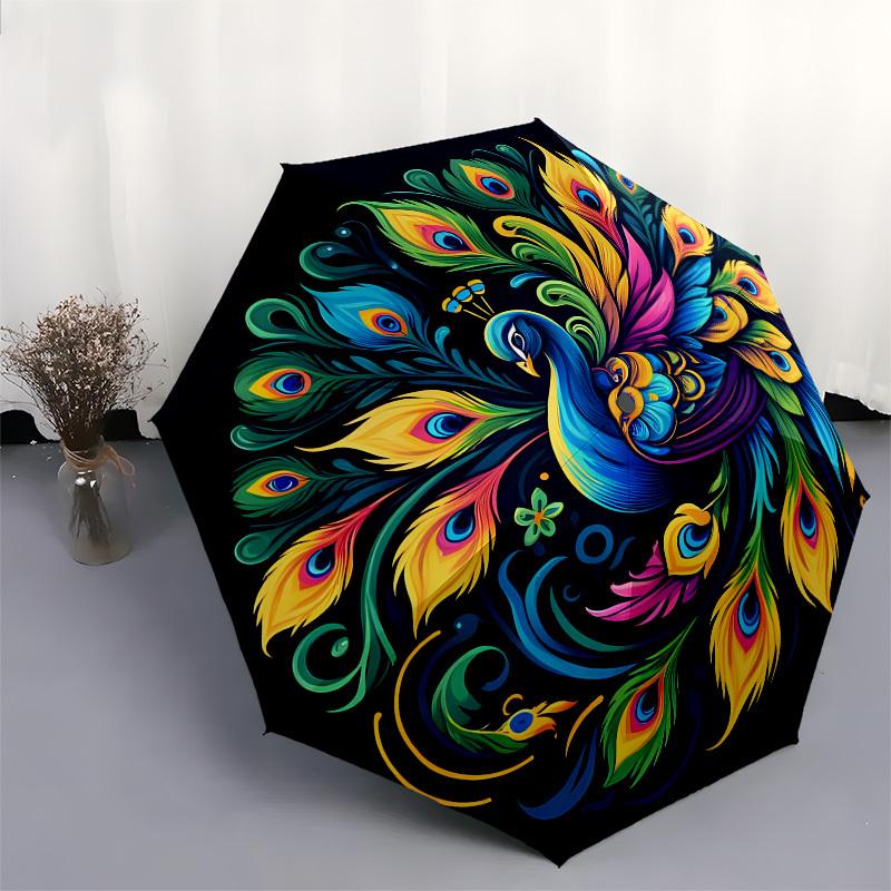 1pc Colorful Peacock Feather Mandala Umbrella with Plastic Handle,Suitable for All Seasons Home Travel Outdoor UmbrellaB1611