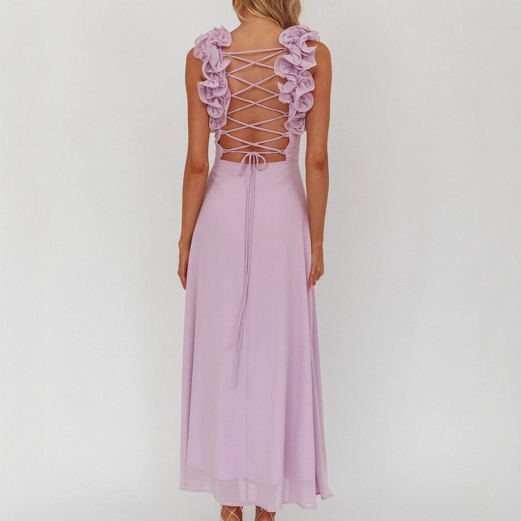 European and American Cross-border New Purple Backless Ruffled Spaghetti Strap Dress for Women, Summer Elegant A-line Long Skirt