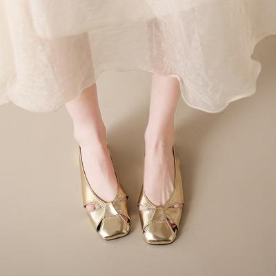 Hollow Toe Sandals for Women, Golden Soft Top Soft Leather Square Toe Flat Bottom Shallow Mouth Shoes, Plus Size Women's Shoes