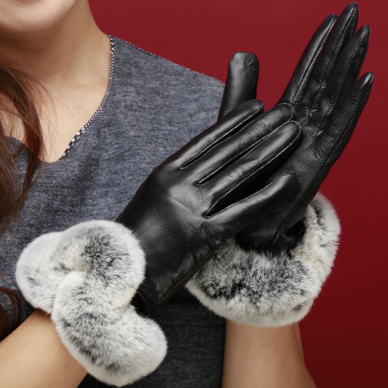 Women Winter Gloves Faux Rabbit Fur PU Leather Touch Screen Mittens Lady Female Outdoor Driving Warm Gloves