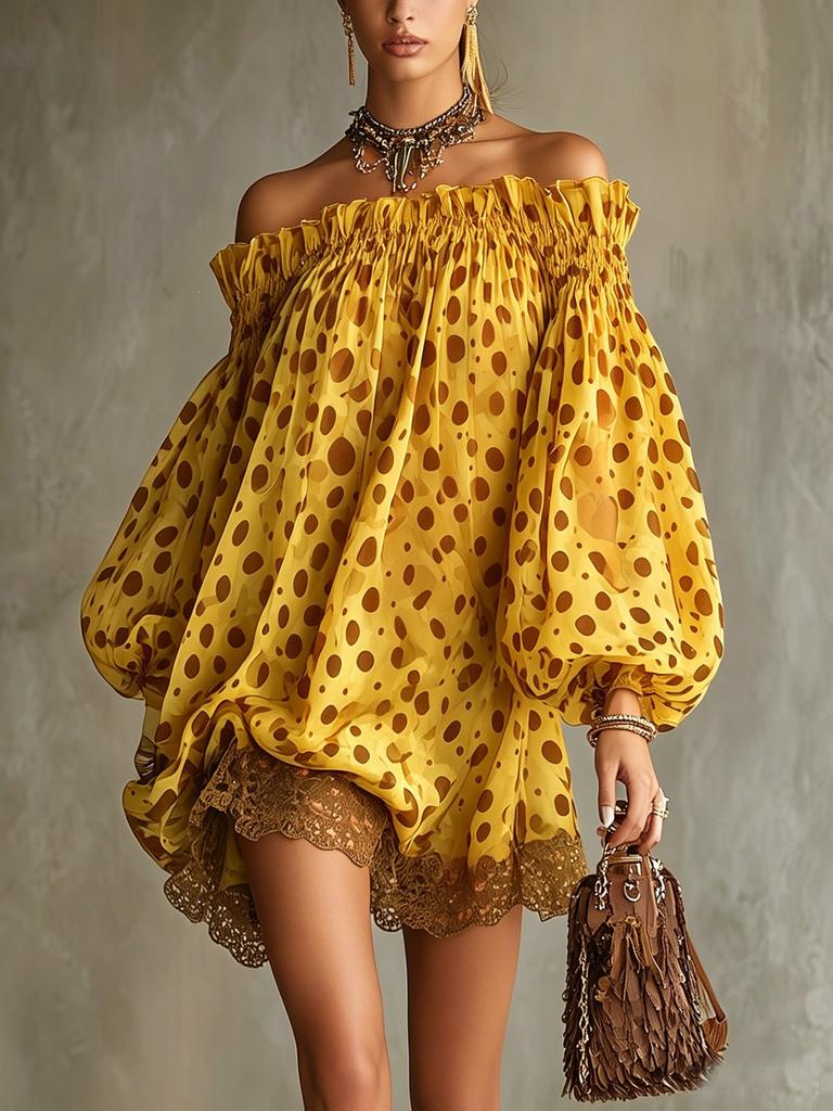 European and American independent station summer new off-the-shoulder polka dot chiffon bubble sleeve dress seaside vacation style