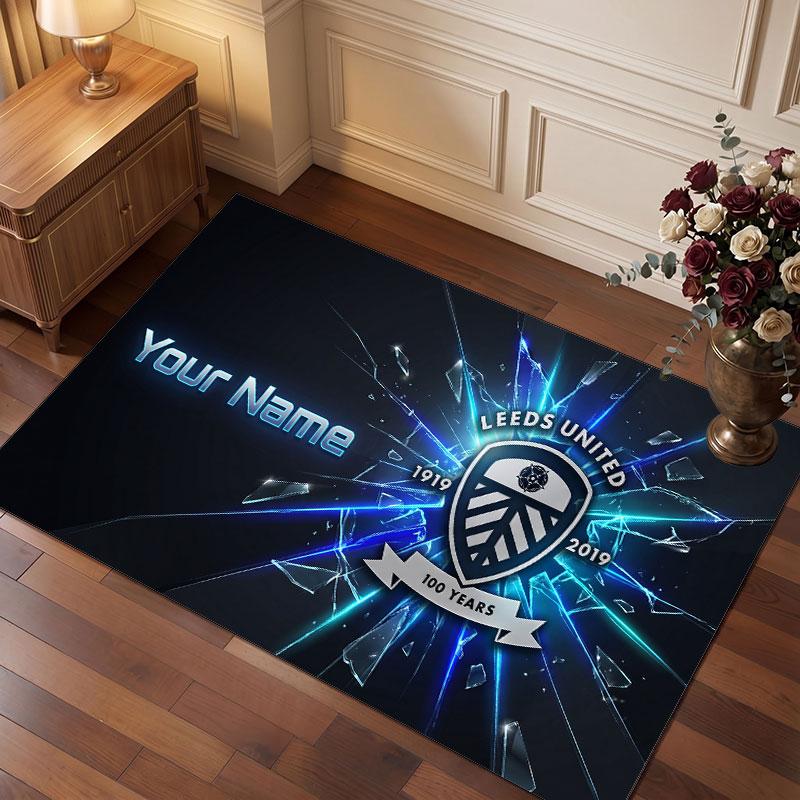 Leeds United Custom Crystal Velvet Rug, Personalized Name Text Print, Football Logo Soft Non‑Slip Floor Mat Home Decor Gift