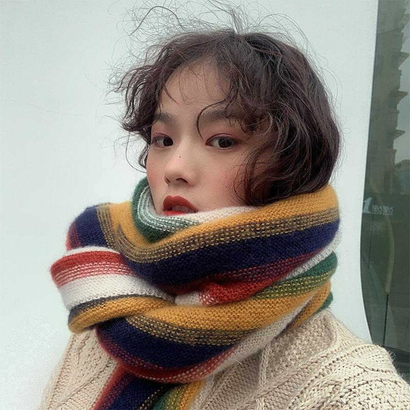 High Sense Ins Rainbow Knitted Scarf Women's Autumn and Winter Thickened Warm Shawl Korean Version of Student Cute Girl Scarf
