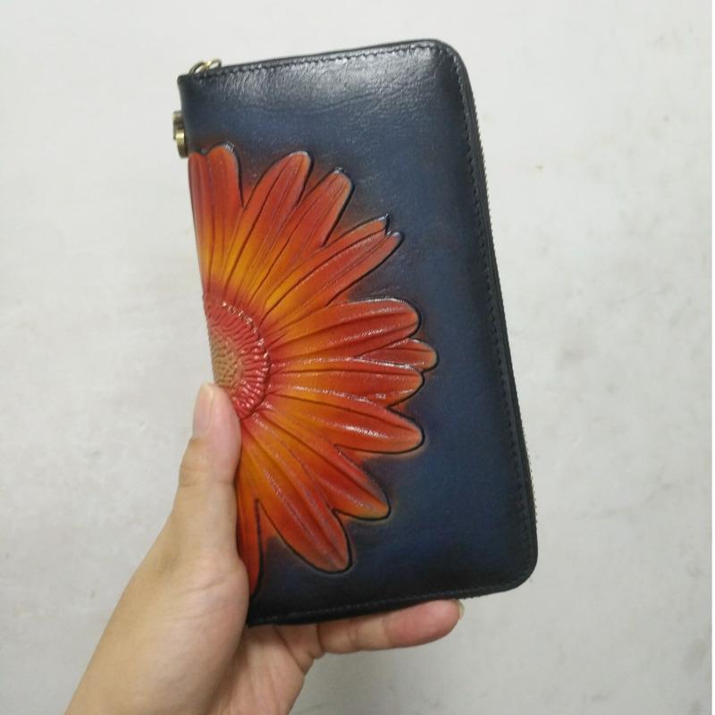 

Women s Leather Wallet Handmade Cowhide Clutch Purse Long Zipper Card Holder Retro Painting First Layer Genuine Bag темно-синий
