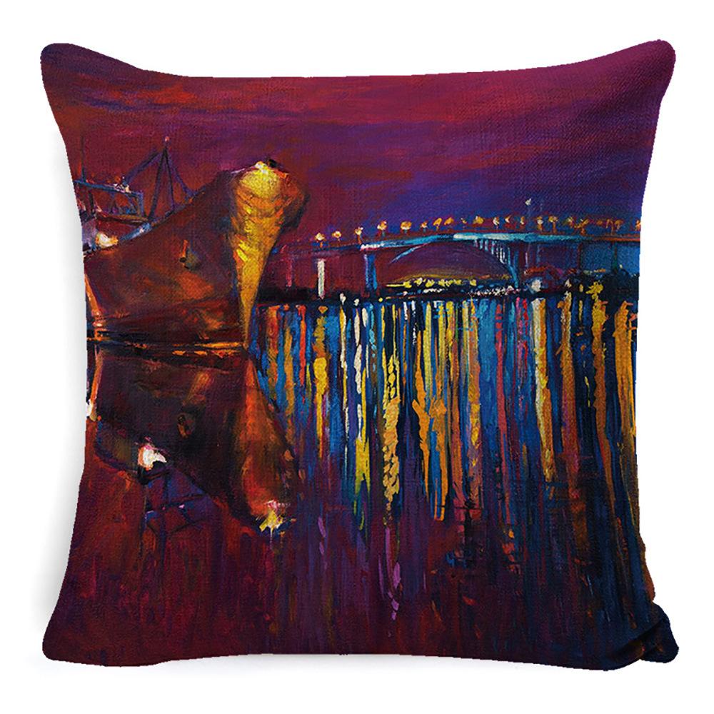 New Linen Pillow Cover Oil Painting Landscape Office Lumbar Pillow Cover Home Sofa Pillow Home Pillow