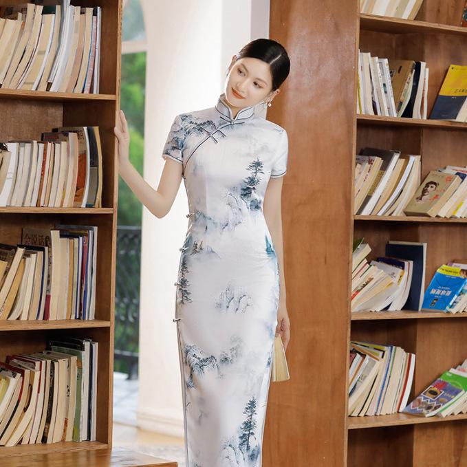 2026 New Chinese Style Silk Cheongsam: Summer-Autumn Retro Long Dress, Slim Fit, Double Layer for Banquets & Performances