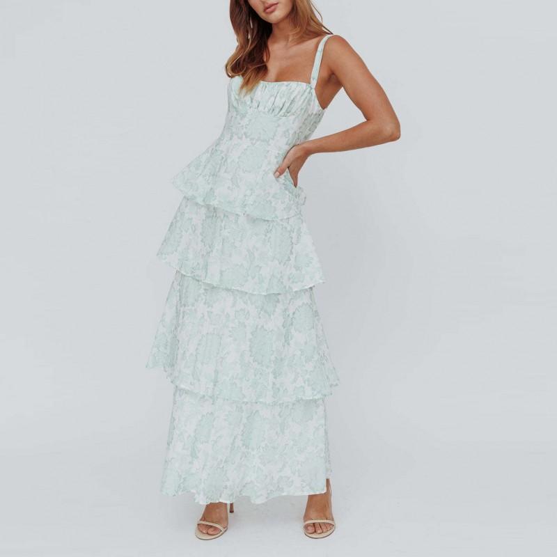 2026 Womens Floral Print Sleeveless High-Waist Tiered Midi Dress Vacation Casual Elegant Outfit