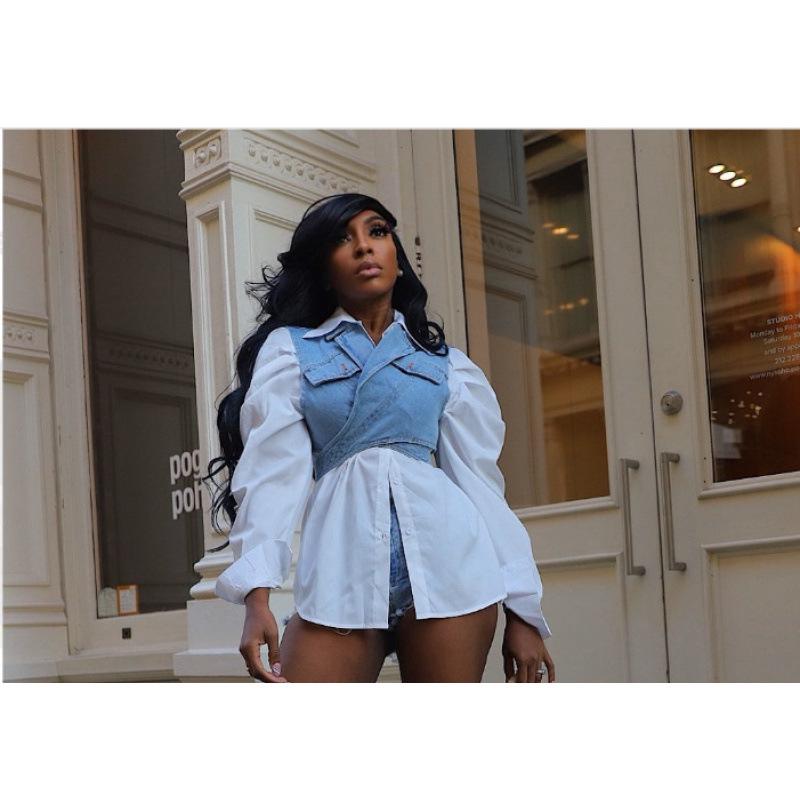 2024 Women's Two-Piece Fashion Set: Irregular Denim Vest with Puff Sleeve Shirt