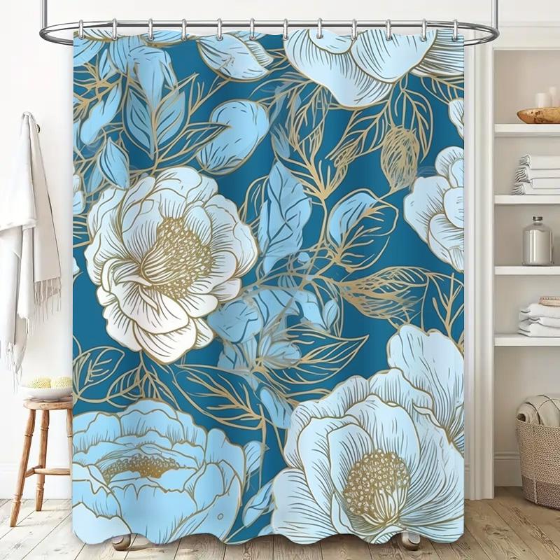 Luxurious Blue Gold Floral Shower Curtain Soft Waterproof Fabric for Bathrooms Decor Available in Various Sizes!