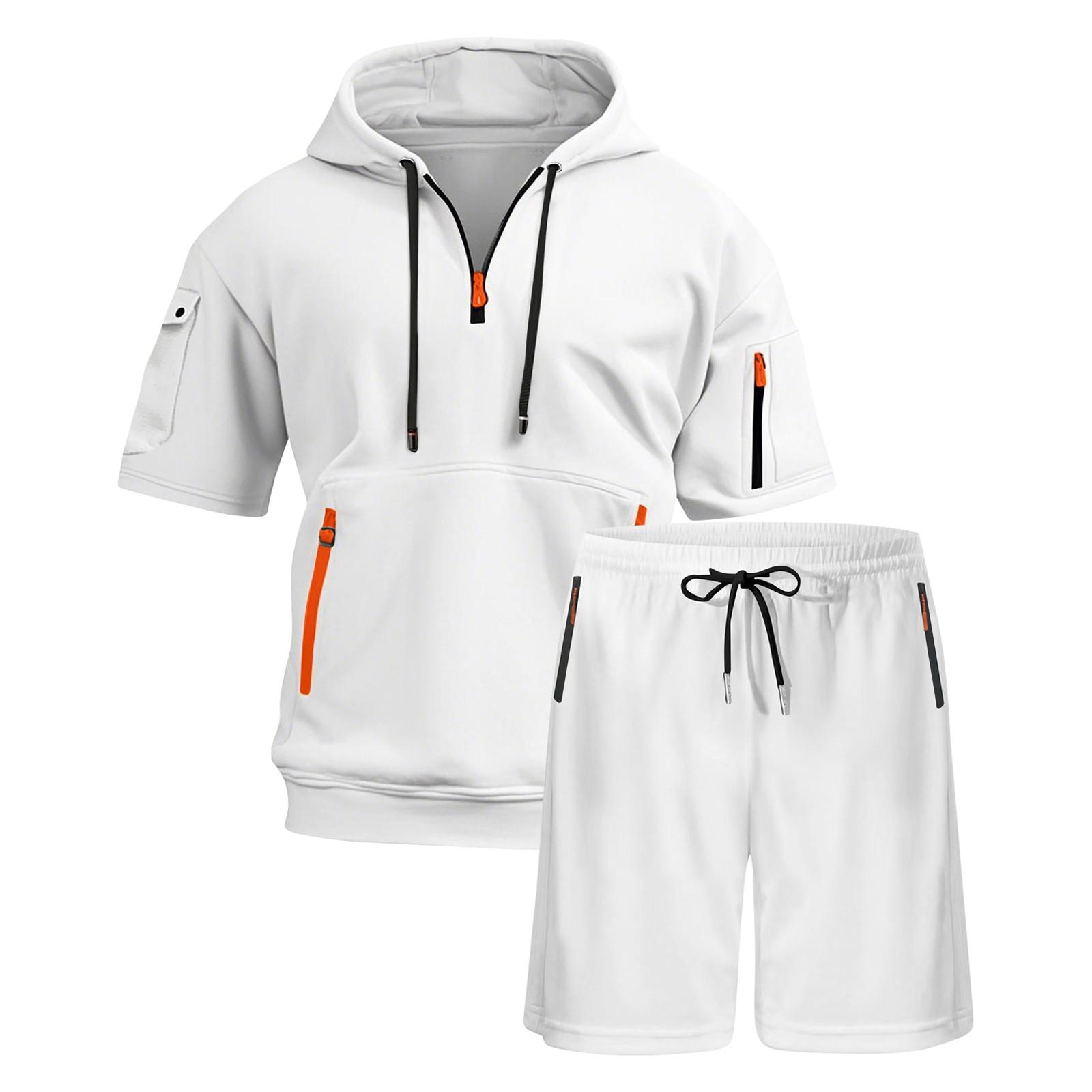 

Мужская летняя сетчатая футболка с короткими рукавами и капюшоном, спортивный костюм, мужские повседневные шорты, мужской костюм-двойка (Набор из двух частей) XL белый