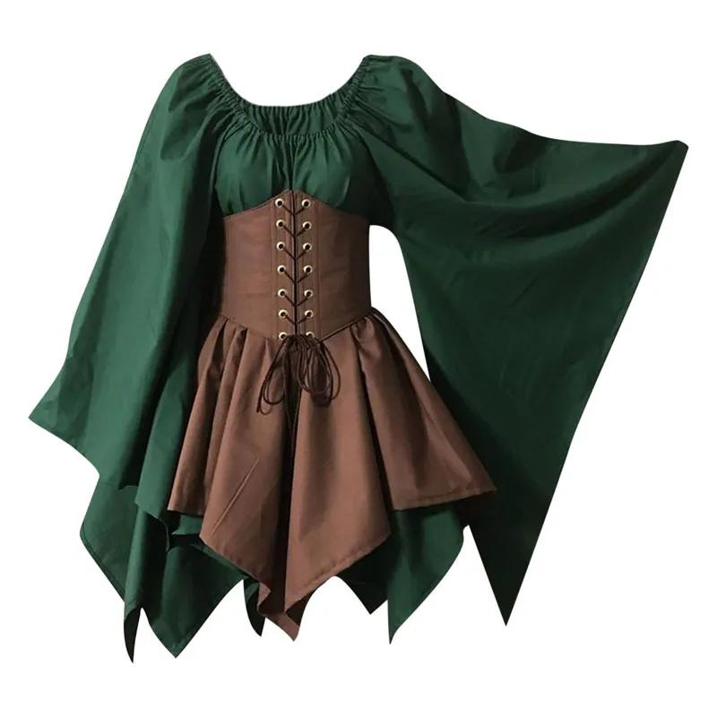 European Medieval Costume Women's Renaissance Flare Sleeve Corset Overskirt Elf Protector Fancy Dress Irish Overdress 2-P