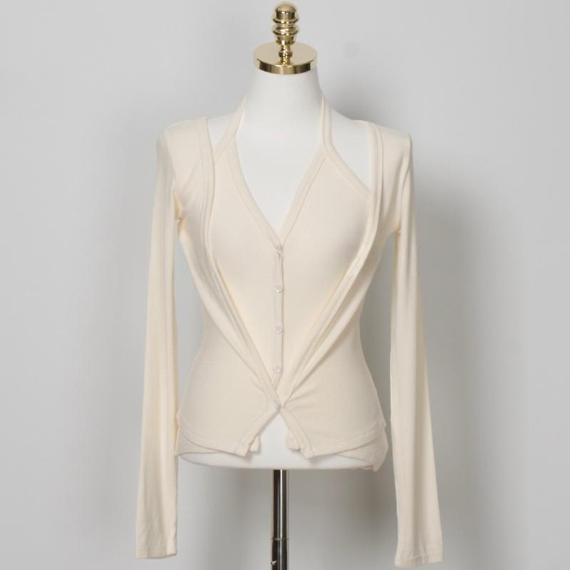 

Korean Style Strappy Halter V-Neck Two-Piece Cardigan & T-Shirt Set for Women One Size