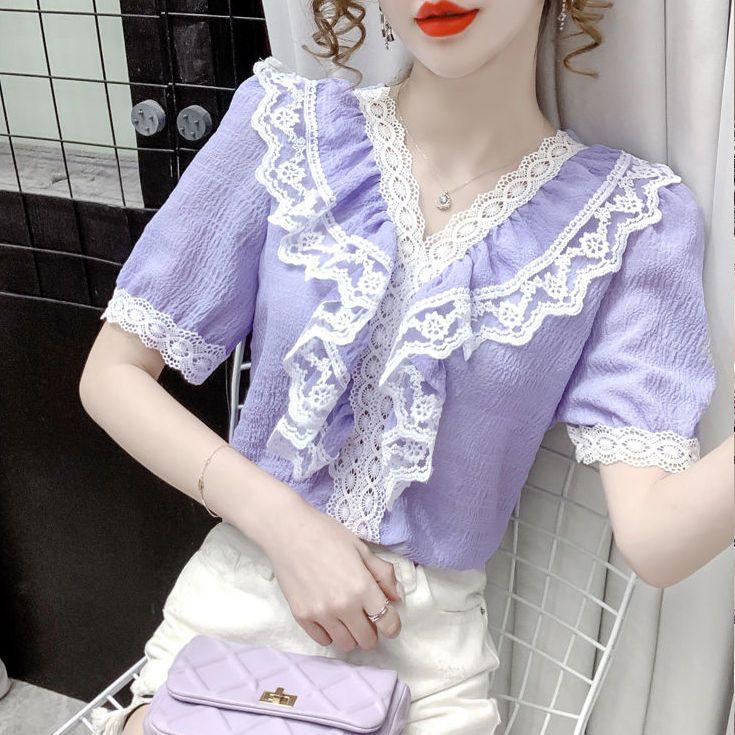 V Neck Lace Blouse Summer Fashion Flounce Short Sleeve T Shirt Women Trendy Youthful Top