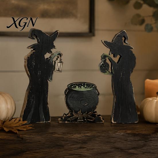 Decorative Witchy Silhouette Props 3Pcs Halloween Witch Cauldron Lantern Potion Bottle Table Decorations, Rustic Wooden Vintage Distressed Holiday