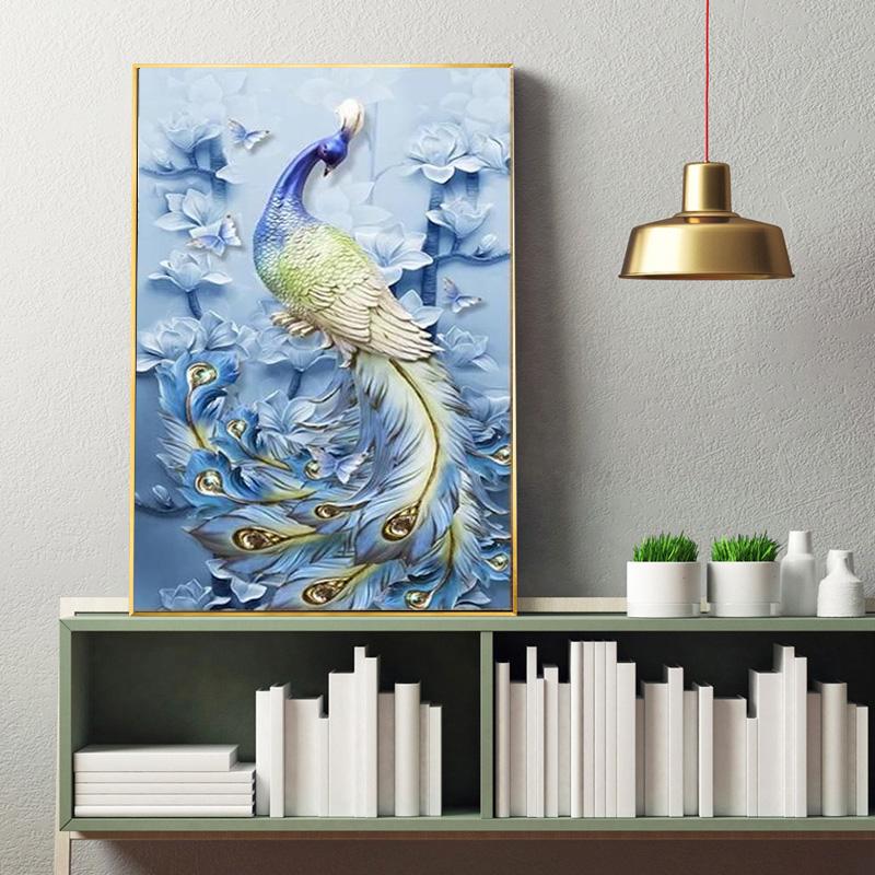 Huacan Full Round 5D Diy Daimond Painting Cross-stitch Animal Peacock 3D Diamond Painting Round Rhinestone Painting Embroidery