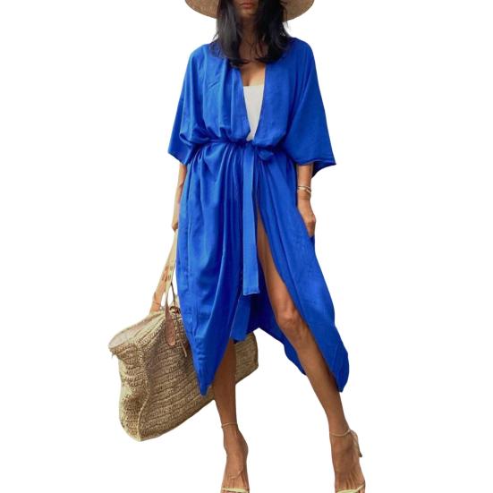 Beach Cover Up Cardigan V-neck Half Sleeve Quick-Drying Breathable Loose Fit Swimwear Coat with Tie Design