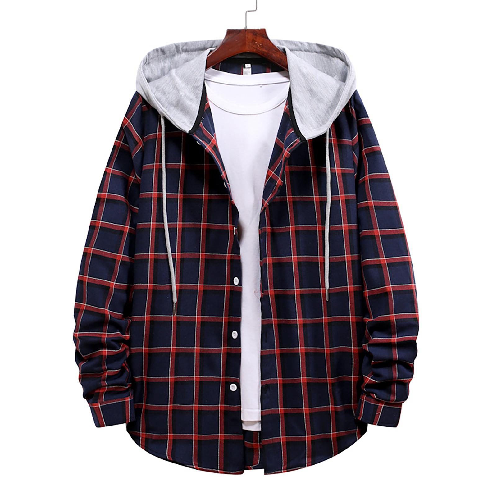 Mianduijifengba Herenmode jas met capuchon en geruit overhemd met lange mouwen XL rood