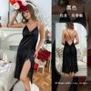 Sexy satin neck nightdress chest bow high split lace perspective back medium and long dress 811