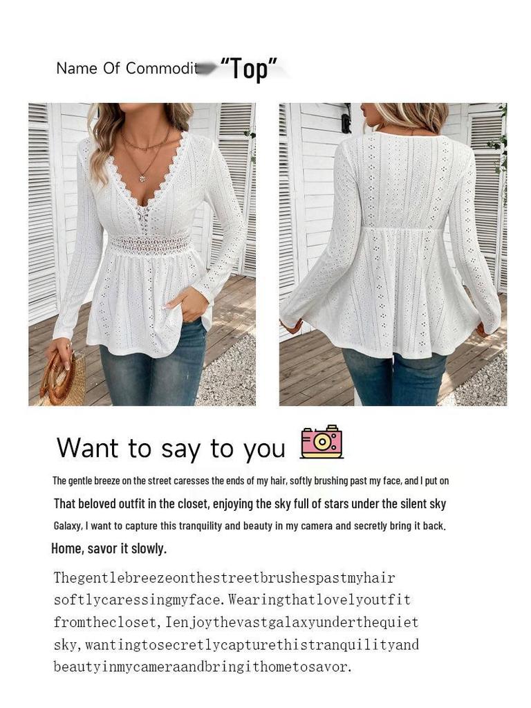 European & American Elegant V-Neck Lace Spliced Long-Sleeve Top for Women - Autumn 2025 Collection