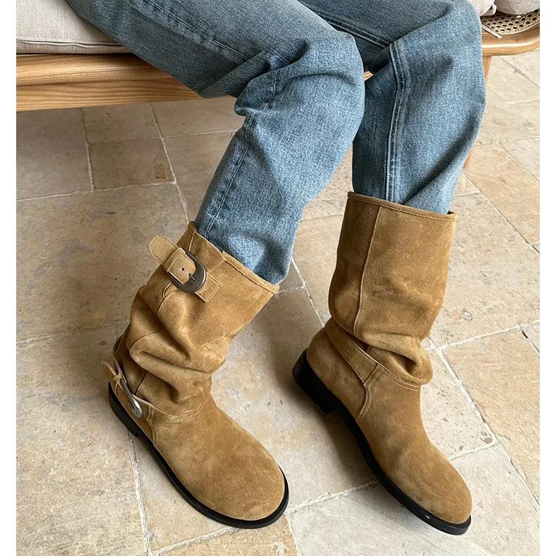 Women's Boots French Retro Belt Buckle Long Leg Knight Boots  New British Style Patchwork Pleated Calf Comfort Botas Mujer