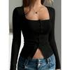 Women European Style Solid Color Square Neck Long Sleeve Slim Knit Bottoming Top