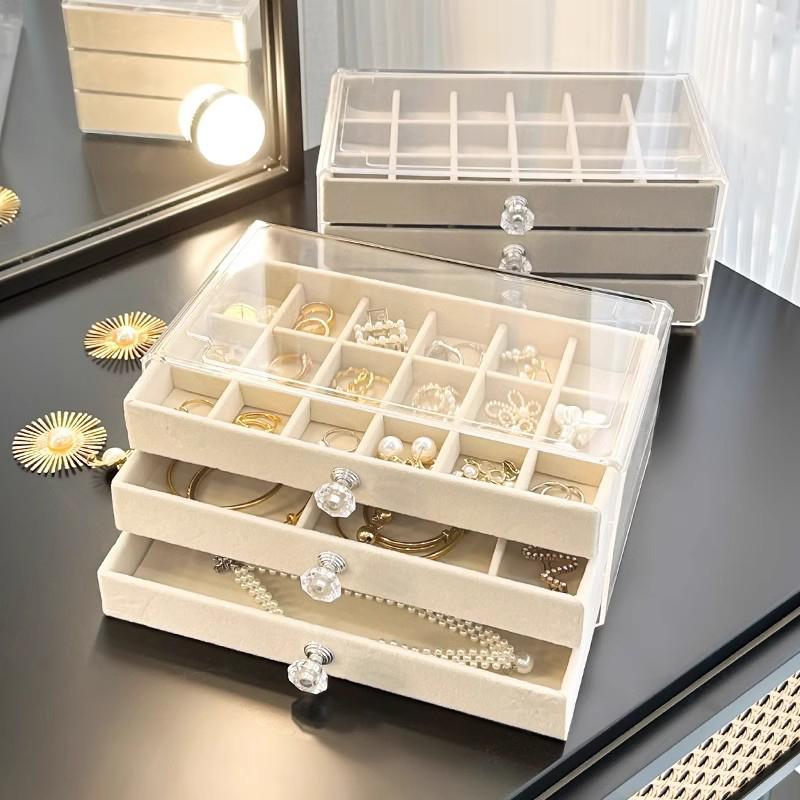 Velvet Jewelry Organizer With 3 Drawers Stackable Display Storage Earrings Necklace Bracelets Box