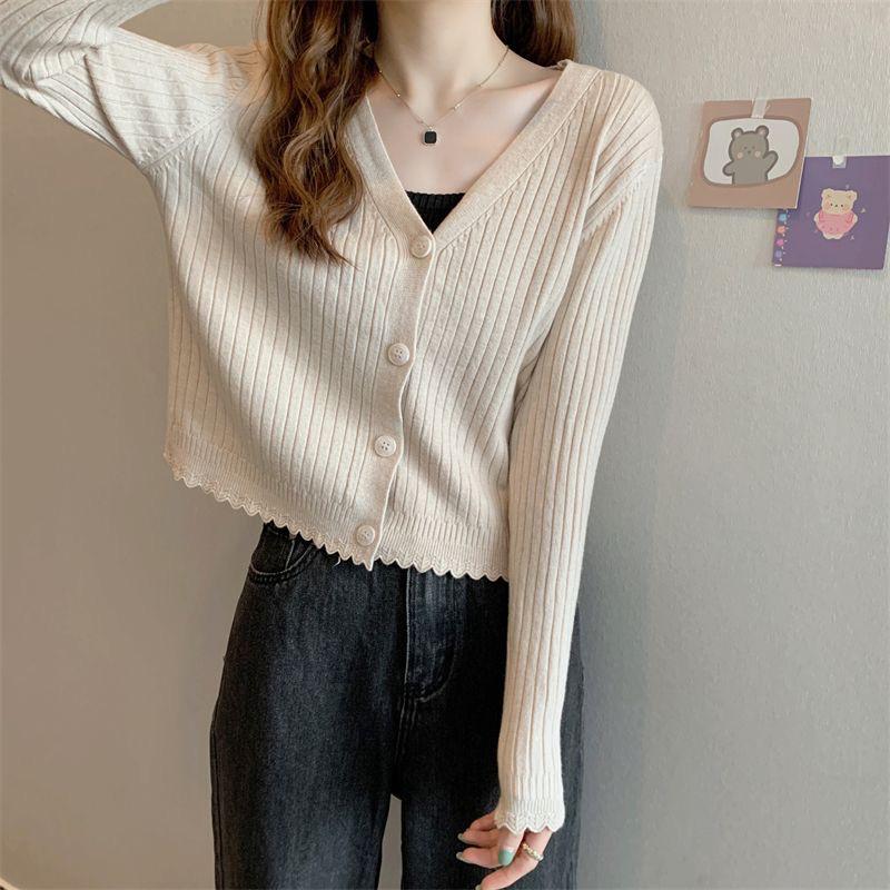 Women's Slim Fit Rib-Knit V-Neck Cardigan – Autumn Long-Sleeve Outerwear