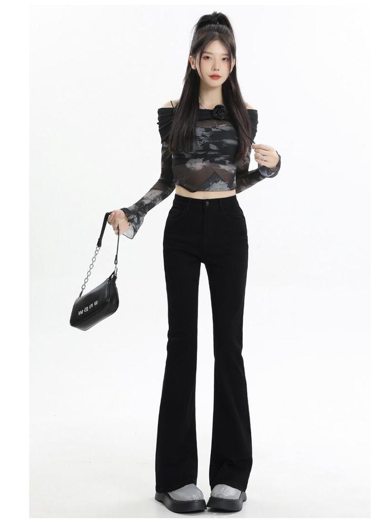 2025 Women's High Waist Black Flared Jeans: Elastic Slim Fit for Spring & Autumn