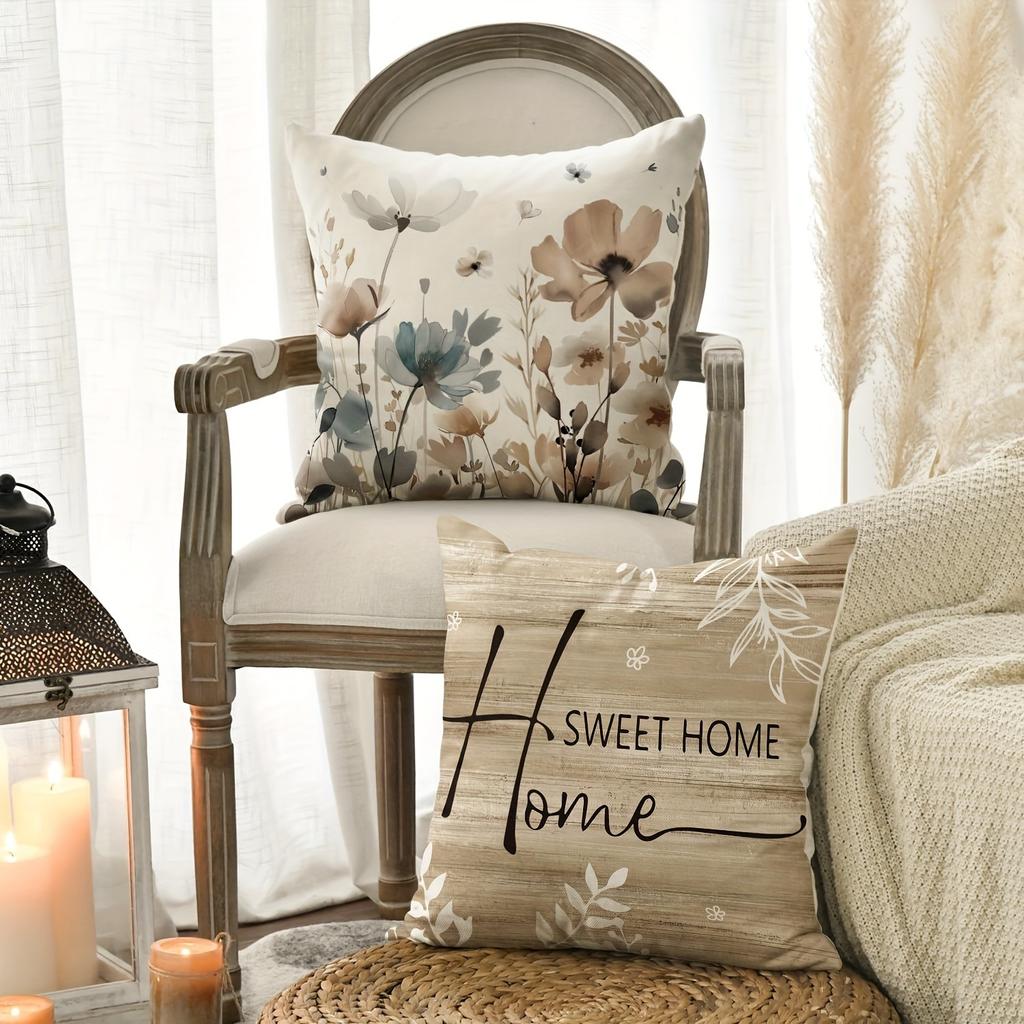 Home Decoration Pillowcase, Plant Flower Bird SWEET HOME Pattern Design, Soft and Comfortable, Sofa and Chair Cushion Cover
