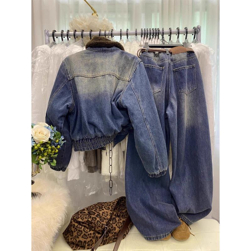 2025 Winter Women's Retro Hong Kong Style Fur Collar Denim Jacket & Wide Leg Pants Set