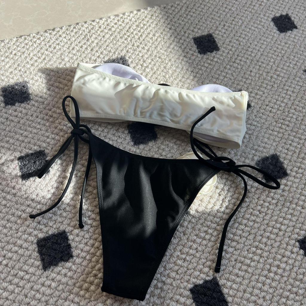 Rose Tie-Dye Color Block Two-Piece Swimsuit with Drawstring Lace-Up Bikini, European and American Style, Strapless Design 