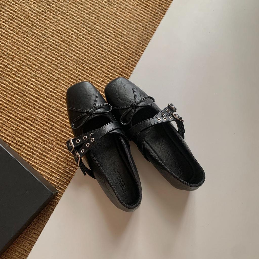 2025 spring and autumn new niche cross belt buckle sweet cool bow Mary Jane shoes inner height increase ballet single shoes women
