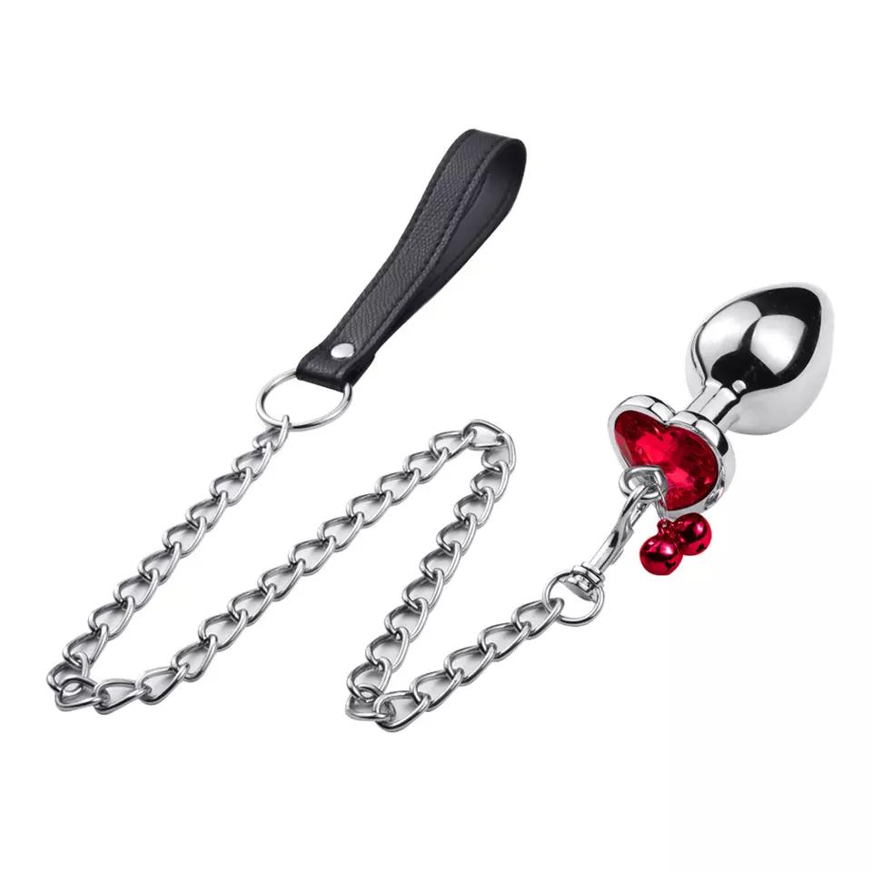 Jewelry Design Sex Product Heart Shape Diamond Anal Butt Plug With Two Bells with Metal Chain