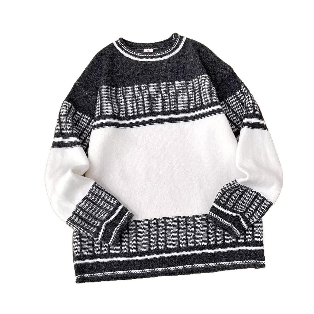 Winter Long Sleeve Color Block Loose Knit Sweater - Warm Round Neck Hollow Harajuku Top