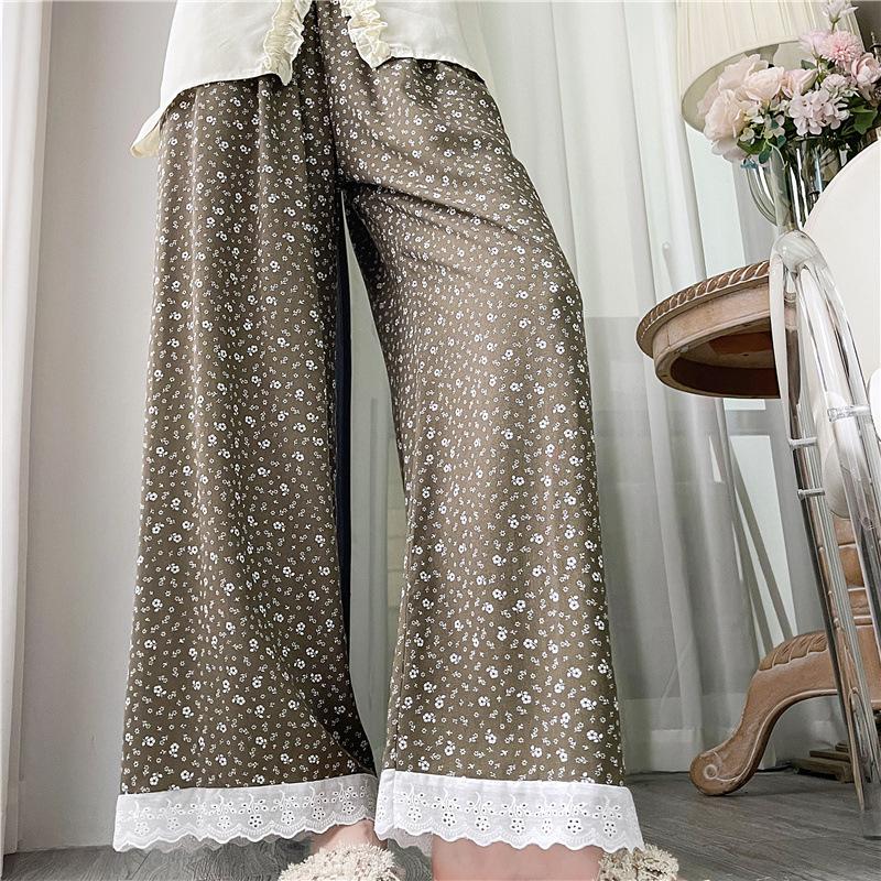 Lace Pants, Butterfly Knot Cotton Silk Printed Wide Leg Pants, Women's Spring And Summer Elastic Waist High Waist Pants, Cartoon Cute Cool Pants