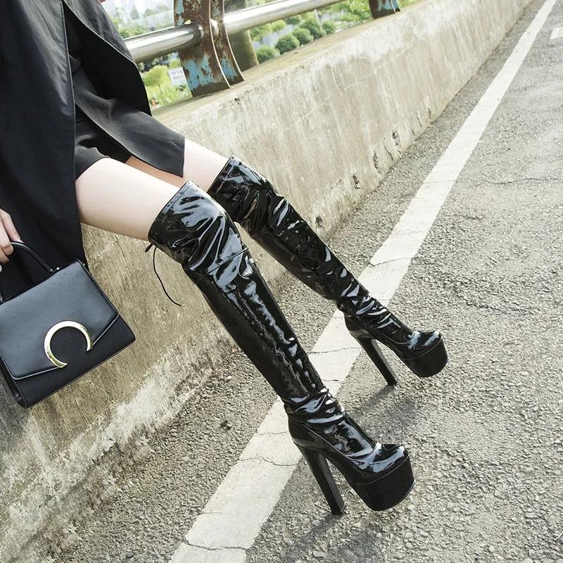 Fashion Rimocy Women Platform Over The Knee Boots Sexy 17CM Super High Heels Red Patent Leather Long Boots Woman 2025 Winter Black Shoes