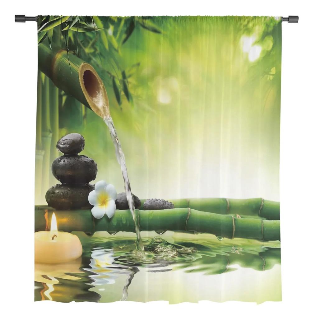 Zen Stone Forest Green Bamboo Forest Water Chiffon Transparent Curtains Perfect for Living Room Bed Chamber Decoration Window Voiles Tulle Curtain