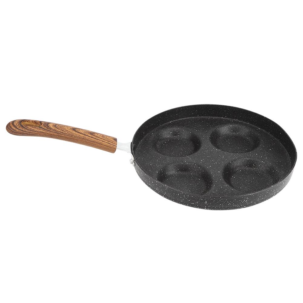 Four Hole Frying Pot Non Stick Cooking Pan Breakfast Maker with Wood Handle Kitchen Utensils