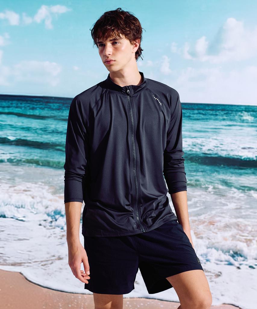 Leijibi [Set] Essential Loose Fit Long Sleeve Zip-Up Rash Guard + Swimsuit Shorts Set M Charcoal