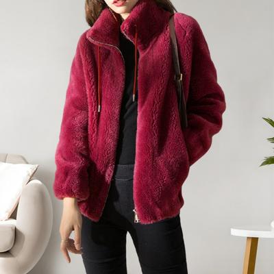 Lady Winter Coat Stand Collar Neck Protection Double-sided Thicken Plush Solid Color Long Sleeves Zipper Closure Cardigan Daily Commute Travel Jacket