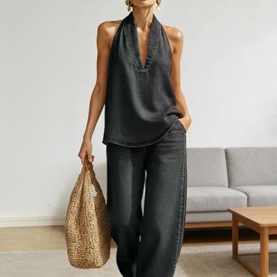 Neckholder-Denim-Set für Damen, ärmelloses Tanktop und weite Hose, Lounge-Sets, lässige Sommer-Zweiteiler mit Taschen