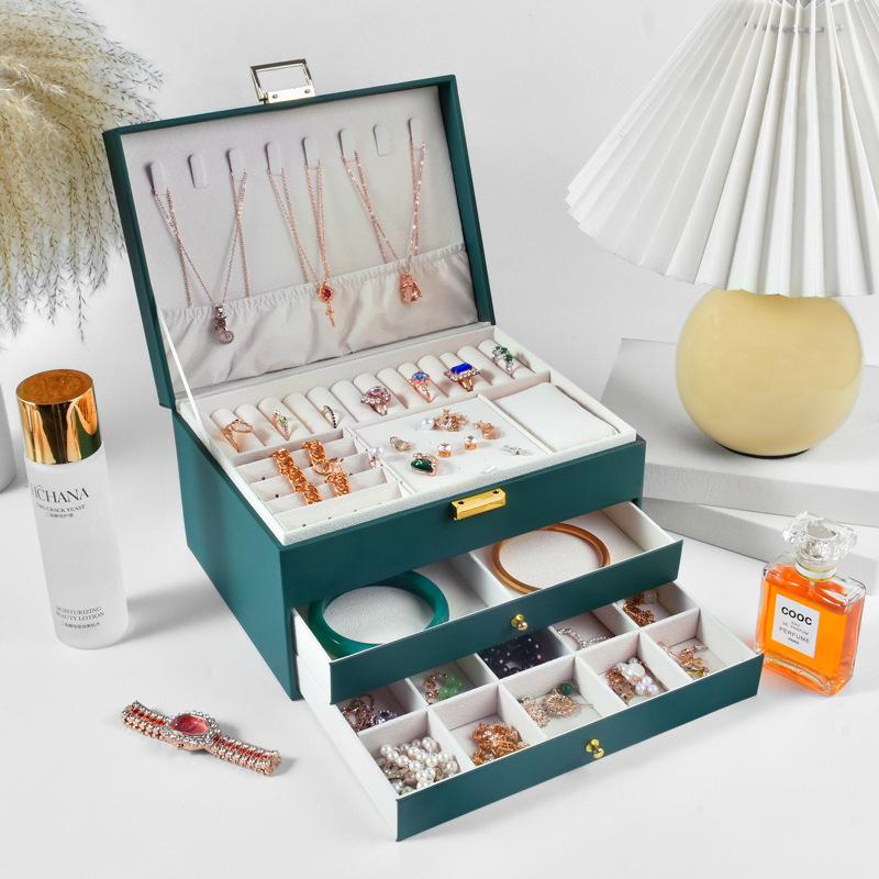 

Высококачественная ПУ кожа Трехслойный Тип ящика Пылезащитный Антиокислительный Многофункциональная Коробка для хранения колец, серег, ожерелий