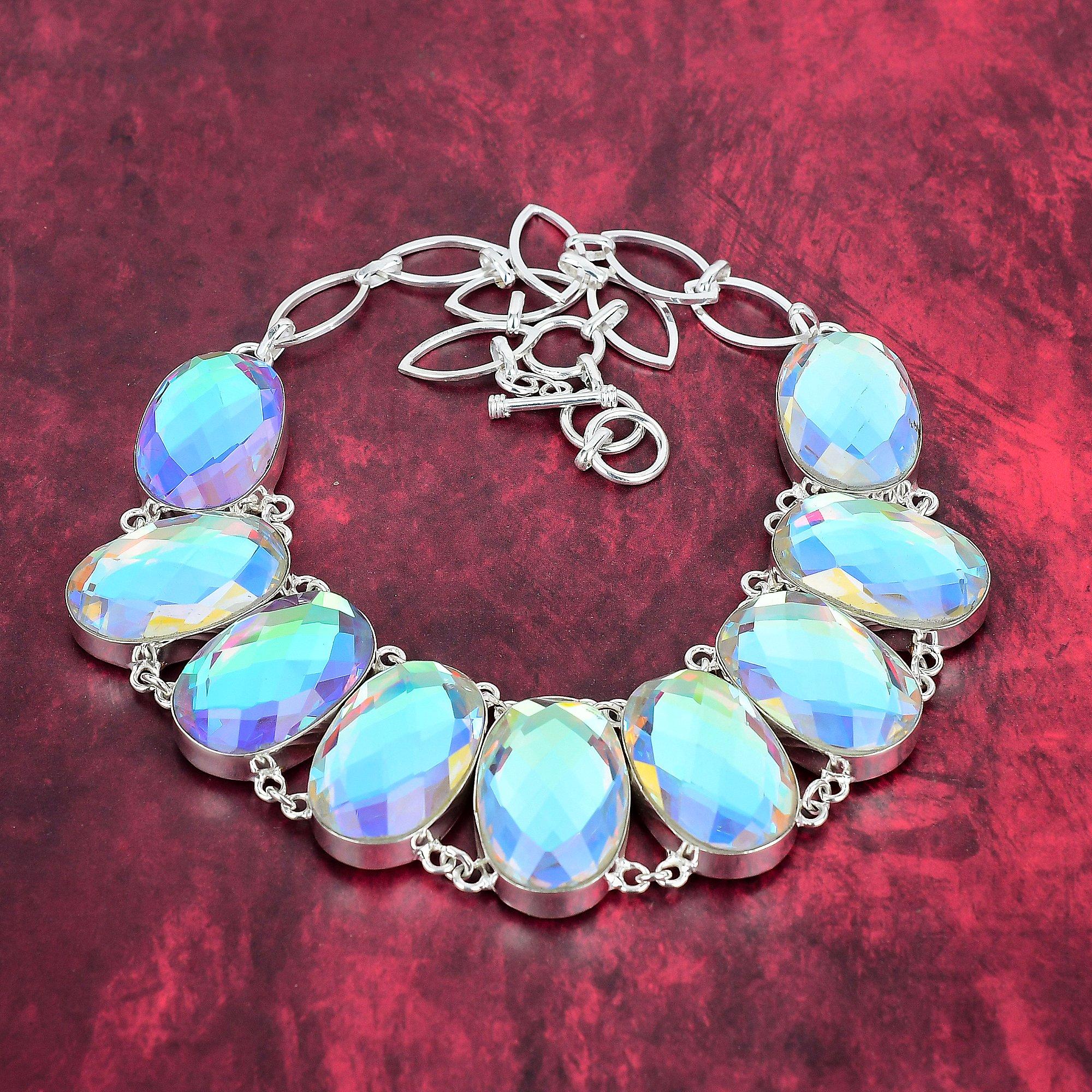 

Ожерелье из драгоценных камней ручной работы с радужным мистическим топазом, антикварное ювелирное ожерелье из стерлингового серебра 925 пробы, для подарка на помолвку Adjustable with 18 inches белый