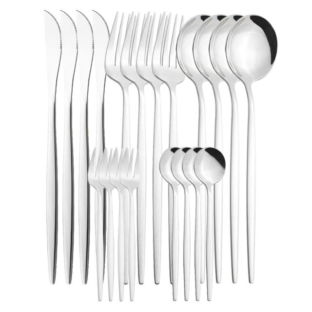 

20 шт./компл., набор столовых приборов из белого золота, ножи, вилки для торта, чайная ложка, столовые приборы, столовые приборы из нержавеющей стали, столовое серебро, набор кухонной посуды серебряный